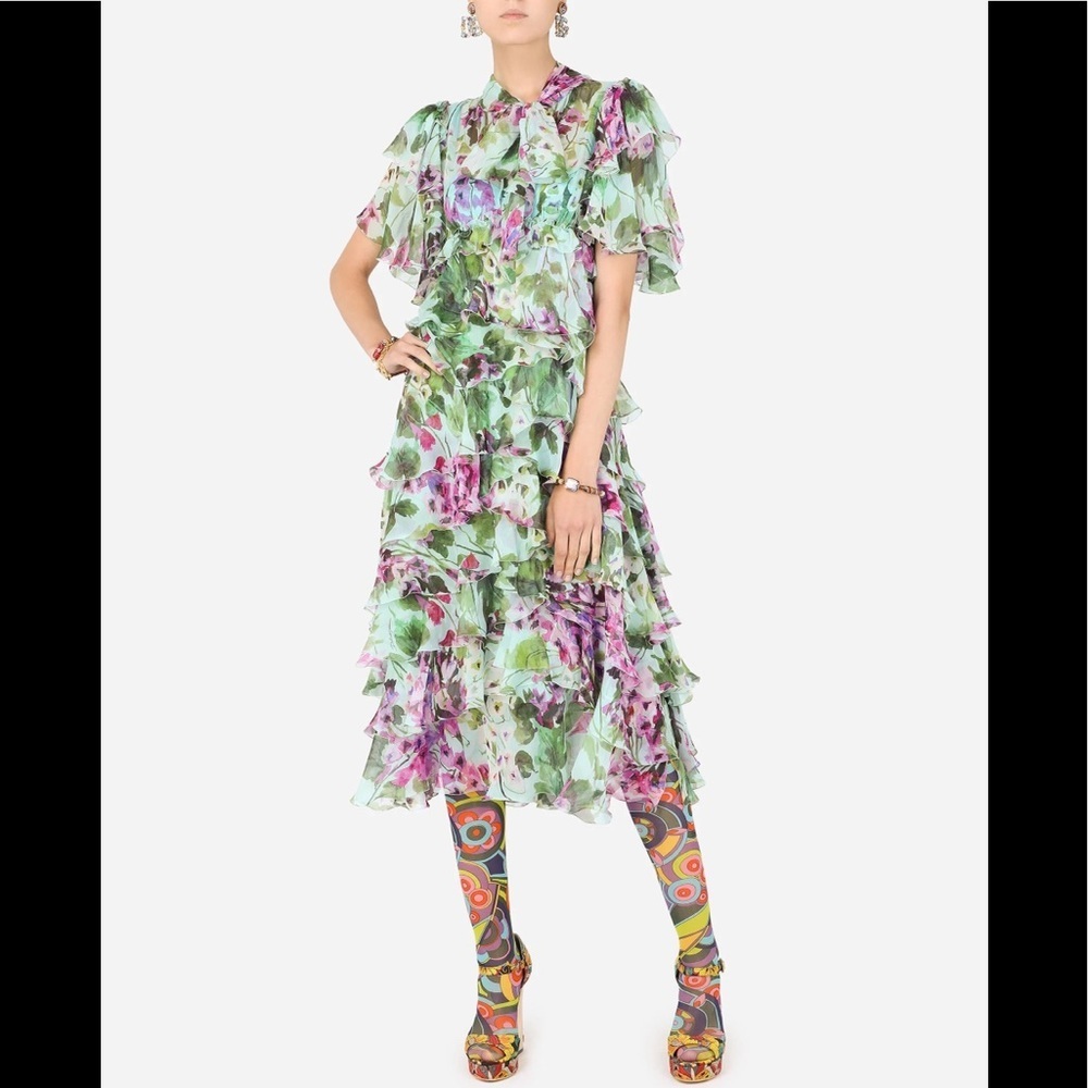 DOLCE & Gabbana Bluebell-print chiffon calf-length dress with ruffles